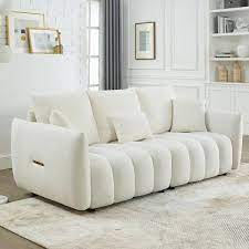 82 In Oversized Teddy Velvet Square Arm Rectangle 3 Seater Sofa Chair With Back Pillow Back Cushion For Apartment Beige