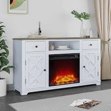 60 In Farmhouse Wooden Tv Stand With Electric Fireplace In Off White For Tvs Up To 65 In