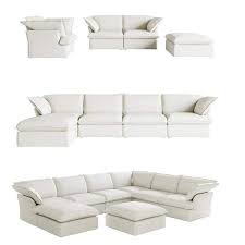 163 In Overstuffed Down Filled Comfort Linen Flannel U Shape 8 Seat Sofa Modular Sectional With Ottoman White