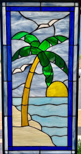 Palm Tree Sun Seagulls Leaded Stained