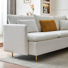 92 In Beige Teddy Fabric Modern L Shaped Corner Sectional Sofa With Pillows And Metal Legs For Living Room Apartment