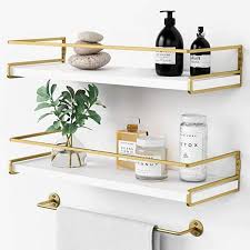 Dyiom Floating Shelves Bathroom Shelves Over Toilet Set Of 2 Decorative Wall Shelves For Bathroom With Gold Towel Bar