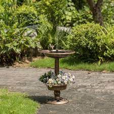 Gardenised Outdoor Garden Bird Bath And Solar Powered Round Pond Fountain With Planter Bowl Copper