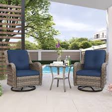 Joyside 3 Piece Wicker Swivel Outdoor Rocking Chairs Patio Conversation Set With Blue Cushions