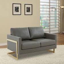 Leisuremod Lincoln Grey Modern Mid Century Upholstered Leather Loveseat With Gold Frame