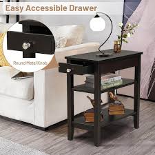 Costway 3 Tier Side End Table With Drawer Double Shelf Narrow Nightstand Espresso Size Small Brown