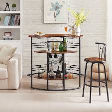 Home Bar Unit Oval Bar Table With Wood Counter Top And Wine Rack Storage Wine Bakers Rack For Dining Room Brown