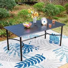 Phi Villa Black Rectangle Straight Leg Metal Patio Outdoor Dining Table With 1 96 In Umbrella Hole