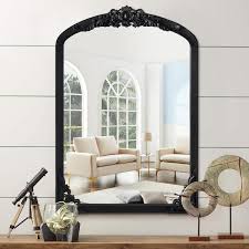 Pexfix Rustic Arched 24 In W X 36 In H Solid Wood Framed Diy Carved Full Length Mirror In Black