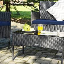 4 Pieces Patio Rattan Cushioned Sofa Set With Tempered Glass Coffee Table Navy