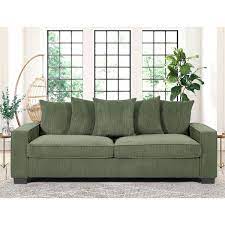 Luxe 88 In Width Square Arm Corduroy Polyester Fabric 3 Seater Straight Sofa In Dark Green