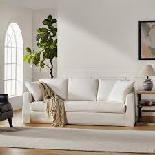 Cedric Modern 85 In Square Arm Polyester Upholstery Rectangle Slipcovered Sofa In White