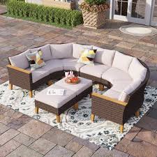 Brown Rattan Wicker 9 Seat 9 Piece Steel Patio Outdoor Sectional Set With Beige Cushions