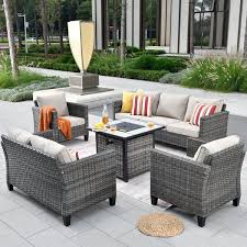 Chelan Gray 5 Piece Wicker Outdoor Patio Conversation Sofa Loveseat Set With A Fire Pit And Beige Cushions