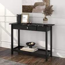 Dingo 41 75 In Black Rectangle Faux Marble Console Table With Drawer And Shelf