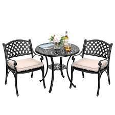 Nuu Garden Black 3 Piece Cast Aluminum Outdoor Bistro Dining Set With 2 Chairs Round Table Set With Beige Cushions