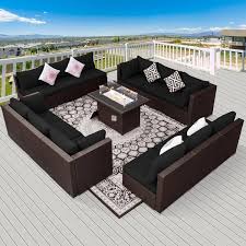 Luxury 13 Piece Patio Brown Rattan Outdoor Sofa Set With Black Cushions And 55 000 Btu Fire Pit Table