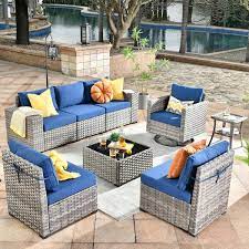 Tahoe Grey 8 Piece Wicker Outdoor Patio Conversation Sofa Set With A Swivel Rocking Chair And Navy Blue Cushions