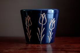 Vintage Ceramic Planter Navy Blue Plant