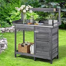 Yaheetech 44 In W X 49 5 In H Outdoor Garden Potting Bench Table Work With Metal Tabletop Cabinet Drawer Gray