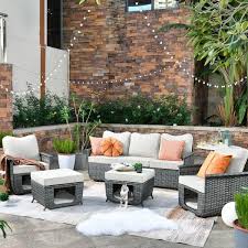 Fortune Dark Gray 5 Piece Wicker Outdoor Patio Conversation Seating Set With Beige Cushions