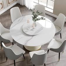 J E Home 53 15 In White Modern Round Sintered Stone Top Dining Table With Carbon Steel Base Seats 6