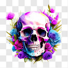 Beautiful Skull With Colorful Roses Png