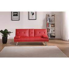 31 In Wide Armless Faux Leather Mid Century Modern Straight Sleeper Sofa In Red