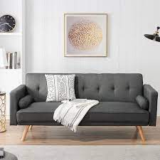 71 6 In Wide Square Arm Modern Cotton Straight Variable Bed Folding Sofa With Wood Legs For Living Room In Dark Gray