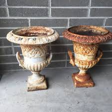 Pair Of Decorative Cast Iron Garden Urns