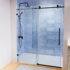 56 60 In W X 74 In H Roller Sliding Frameless Shower Door In Matte Black Finish With Clear Glass Vertical Handles
