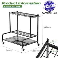 3 Tier Garden Tool Organizer With Wheels And Hooks For Shed Basement Outdoor Home Black