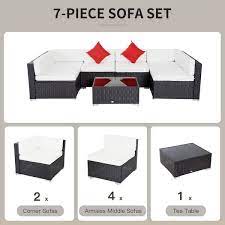 Outsunny 7 Piece Outdoor Patio Furniture Set Pe Rattan Wicker Sectional Sofa Set With Couch Cushions Pillows Coffee Table Orange White