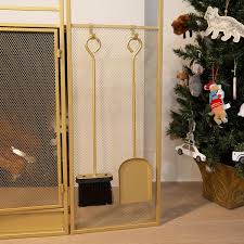 48 In Fireplace Screen Gold 4 Panel Fire Spark Guard Hinged Doors Wit