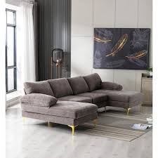 110 In Square Arm 3 Piece Velvet U Shaped Sectional Sofa In Gray With Chaise