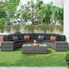 Gray 8 Pieces Outdoor Patio Wicker Conversation Seating Sofa Set With Coffee Table Gray Movable Cushion