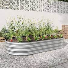 Silver Metal Oval Outdoor Large Raised Garden Planter Bed