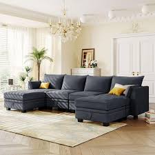 115 In Flared Arm 6 Piece Linen U Shaped Sectional Sofa In Dark Gray With Convertible