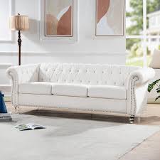 84 In W Rolled Arm Chesterfield Polyester 3 Seater Straight Sofa With Removable Cushion In White