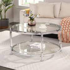 32 3 In Round Tempered Glass Coffee Table 2 Tier Glass Top Acrylic Round Coffee Tables With Metal Frame Chrome Silver