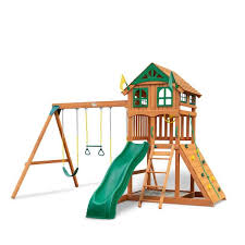 wooden outdoor playset with wood roof