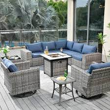 Crater Grey 10 Piece Wicker Outdoor Patio Fire Pit Conversation Sofa Set With Swivel Chairs And Denim Blue Cushions