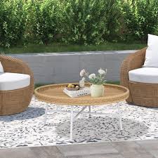29 9 In Dia X 17 7 In H Outdoor And Indoor Natural Wicker Round Coffee Table With Matte White Metal Legs