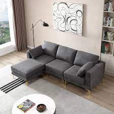 92 9 In Wide Square Arm Polyester Modern L Shaped Sofa In Dark Gray With Ottoman And 2 Pillows