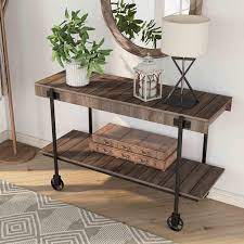 Bargib 47 25 In Black And Dark Walnut Rectangle Wood Console Table With Wheels