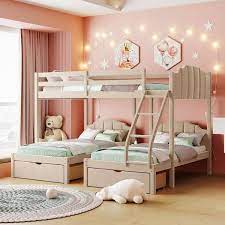 Harper Bright Designs Beige Full Over Twin And Twin Velvet Bunk Bed With 3 Drawers