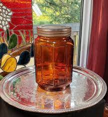 Vintage Amber Lidded Glass 6 Panel Jar