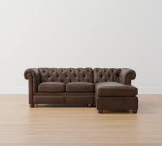 Chesterfield Roll Arm Leather Left Arm 2 Piece Sectional With Chaise Polyester Wrapped Cushions Mason Pebble Chocolate Pottery Barn
