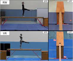 gymnastic skills on a balance beam with