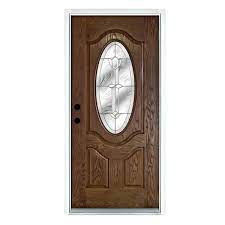 36 In X 80 In Flores Medium Oak Right Hand Inswing 3 4 Oval Lite Decorative Fiberglass Prehung Front Door